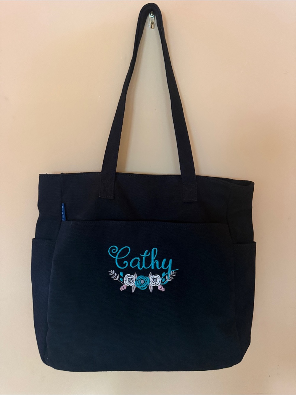 NWT Personalized “Cathy” J. Crew Black Tote w/Teal and White Floral Embroidery